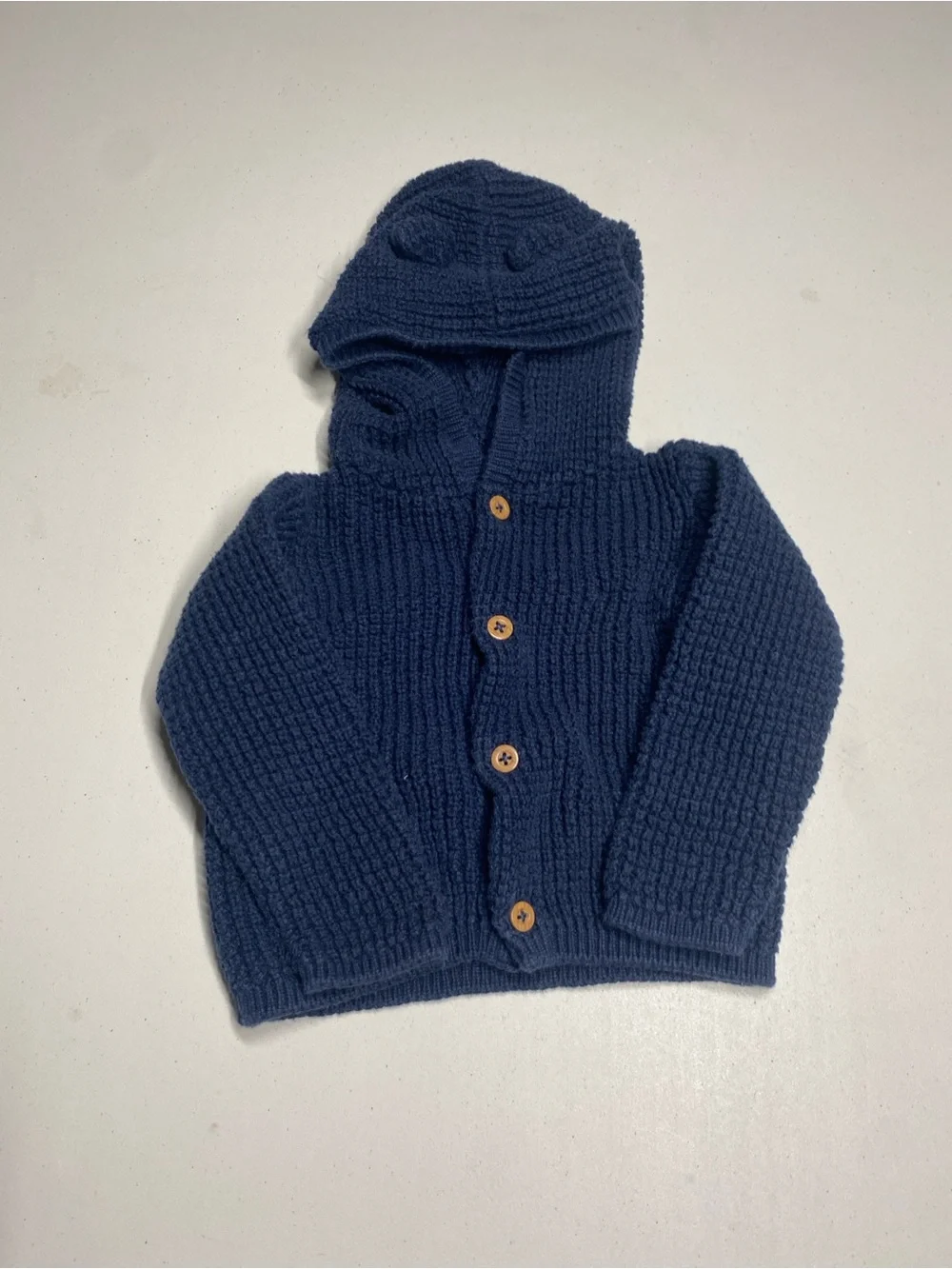 Carter's Navy Hooded Knit Cardigan with Wooden Buttons - Size 9 mo